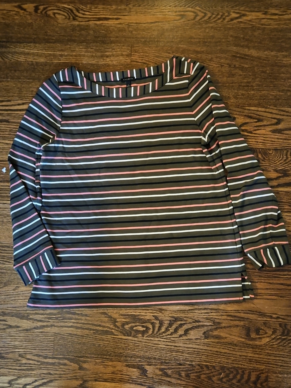 Talbots Olive Striped Long Sleeve Tee with Pink & White Trim